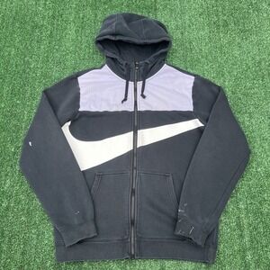 Nike Hoodie Mens Small Faded Black White Distressed Big Swoosh Full Zip Modern